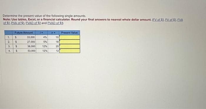 Determine the present value of the following single amounts.
Note: Use tables, Excel, or a financial calculator. Round your final answers to nearest whole dollar amount. (FV of $1. PV of $1. FVA
of $1. PVA of $1. FVAD of $1 and PVAD of $1)
Future Amount
1.
$
33,000
2₁ $
27,000
38,000
53,000
WN
3. $
4.
$
(=
4%
5%
12%
12%
n=
10
18
20
12
Present Value