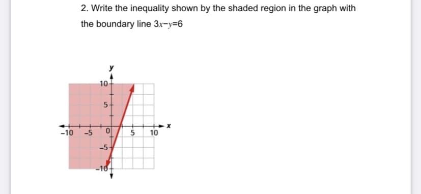 2. Write the inequality shown by the shaded region in the graph with
the boundary line 3x-y=6
y
10
5-
++
-10
-5
5
10
-5-
-10-
io
