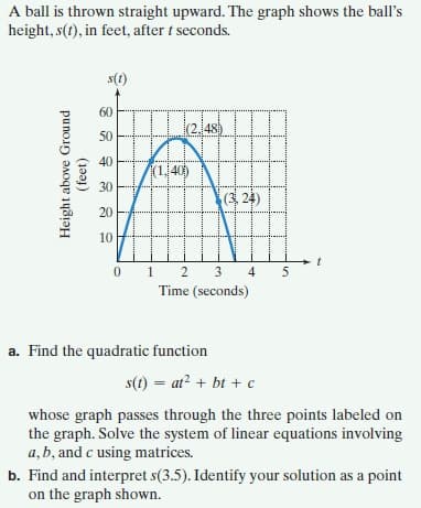 A ball is thrown straight upward. The graph shows the ball's
height, s(t), in feet, after t seconds.
s(t)
60
48
50
40
(1,40)
30
(3, 24)
20
10
1
Time (seconds)
2
3
4
5
a. Find the quadratic function
s(t) = at? + bt + c
whose graph passes through the three points labeled on
the graph. Solve the system of linear equations involving
a, b, and c using matrices.
b. Find and interpret s(3.5). Identify your solution as a point
on the graph shown.
Height above Ground
(feet)
