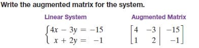 Write the augmented matrix for the system.
Linear System
Augmented Matrix
S4x – 3y = -15
lx + 2y = -1
4 -3
-15
2
-1
