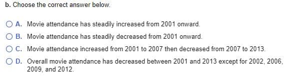 b. Choose the correct answer below.
O A. Movie attendance has steadily increased from 2001 onward.
O B. Movie attendance has steadily decreased from 2001 onward.
OC. Movie attendance increased from 2001 to 2007 then decreased from 2007 to 2013.
O D. Overall movie attendance has decreased between 2001 and 2013 except for 2002, 2006,
2009, and 2012.
