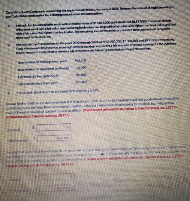 Carla Vista Homes Company is considering the acquisition of Metlock, Inc. early in 2025. To assess the amount, it might be willing to
pay Carla Vista Homes makes the following computations and assumptions
A
Metlock, Inc. has identifiable assets with a total fair value of $15,016,000 and liabilities of $8,817,000. The assets include
office equipment with a fair value approximating book value, buildings with a fair value 30% higher than book valun, and land
with a fair value 75% higher than book value. The remaining lives of the assets are deemed to be approximately equal to
those used by Metlock, Inc.
Merinck, Inc's pretax incomes for the years 2022 through 2024 were $1.202.200, $1,500,300, and $950.100 respectively
Carla Vista Homes helieves that an average of these earnings represents a fair estimate of annual earnings for the indefinite
future. However, it may need to consider adjustments to the following items included in pretaceamings
Depreciation on buildings (each year
963100
Depreciation on equipment (each year)
54,500
Extraordinary loss fynar 2024)
301-800
Sales commissions teach year)
251.400
The normal rate of return on net assets for the industry is 15%
Assume further that Carla Vista Homes feels that it must eare a 25 return on its investment and that goodwill is determined by
capitalizing excess eamings. Based on these assumptions, calculate a reasonable offering price for Metlock, Inc. Indicate how
much of the price consists of goodwill. Ignore tax effects. (Round present value factor calculations to 5 decimal places, ea 125124
and final answers to O decimal places ea. 58.971)
Goodwill
Offering price
406
Assume that Carla Vista Homes feels that it must eama 156 return on vestment, but that average excess earnings are to be
So for Metlock, inc indicate how
For these xsumptions
effects (Round present value factor calculations to 5 decimal places, eg 1.25124
and final answers to decimal places es, 58.9713