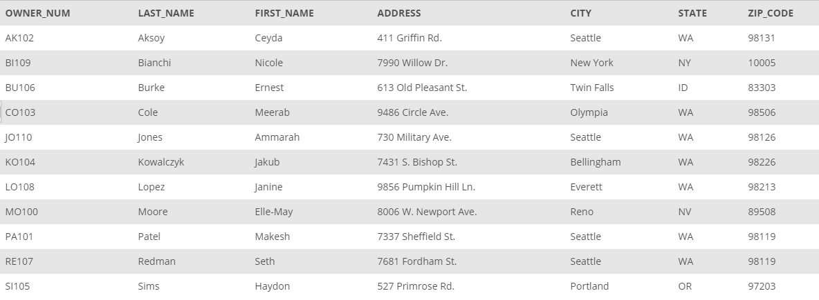 OWNER_NUM
LAST_NAME
FIRST_NAME
ADDRESS
CITY
STATE
ZIP_CODE
AK102
Aksoy
Ceyda
411 Griffin Rd.
Seattle
WA
98131
BI109
Bianchi
Nicole
7990 Willow Dr.
New York
NY
10005
BU106
Burke
Ernest
613 Old Pleasant St.
Twin Falls
ID
83303
CO103
Cole
Meerab
9486 Circle Ave.
Olympia
WA
98506
J0110
Jones
Ammarah
730 Military Ave.
Seattle
WA
98126
KO104
Kowalczyk
Jakub
7431 S. Bishop St.
Bellingham
WA
98226
LO108
Lopez
Janine
9856 Pumpkin Hill Ln.
Everett
WA
98213
MO100
Мoore
Elle-May
8006 W. Newport Ave.
Reno
NV
89508
PA101
Patel
Makesh
7337 Sheffield St.
Seattle
WA
98119
RE107
Redman
Seth
7681 Fordham St.
Seattle
WA
98119
S1105
Sims
Haydon
527 Primrose Rd.
Portland
OR
97203
