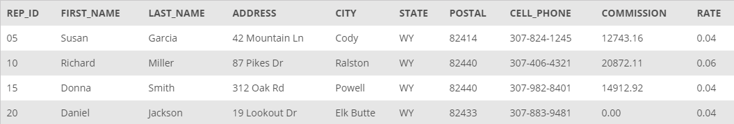 REP_ID
FIRST_NAME
LAST_NAME
ADDRESS
CITY
STATE
POSTAL
CELL_PHONE
COMMISSION
RATE
05
Susan
Garcia
42 Mountain Ln
Cody
WY
82414
307-824-1245
12743.16
0.04
10
Richard
Miller
87 Pikes Dr
Ralston
WY
82440
307-406-4321
20872.11
0.06
15
Donna
Smith
312 Oak Rd
Powell
WY
82440
307-982-8401
14912.92
0.04
20
Daniel
Jackson
19 Lookout Dr
Elk Butte
WY
82433
307-883-9481
0.00
0.04

