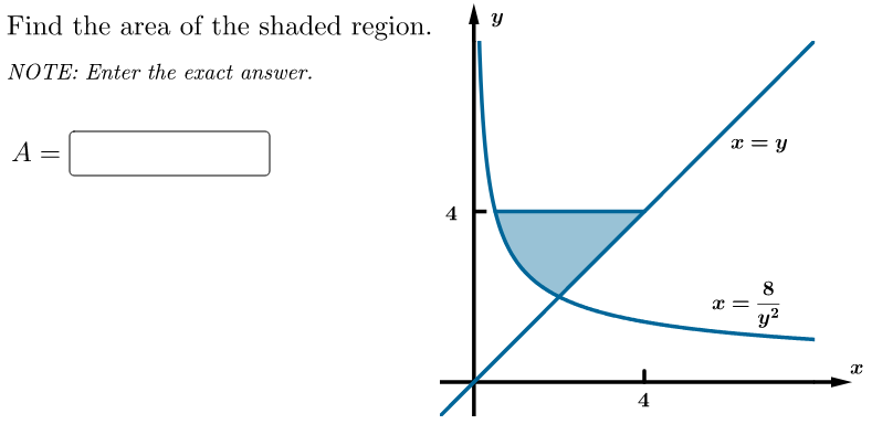 Find the area of the shaded region.
NOTE: Enter the exact answer.
A =
x = y
4
8
y?
4
