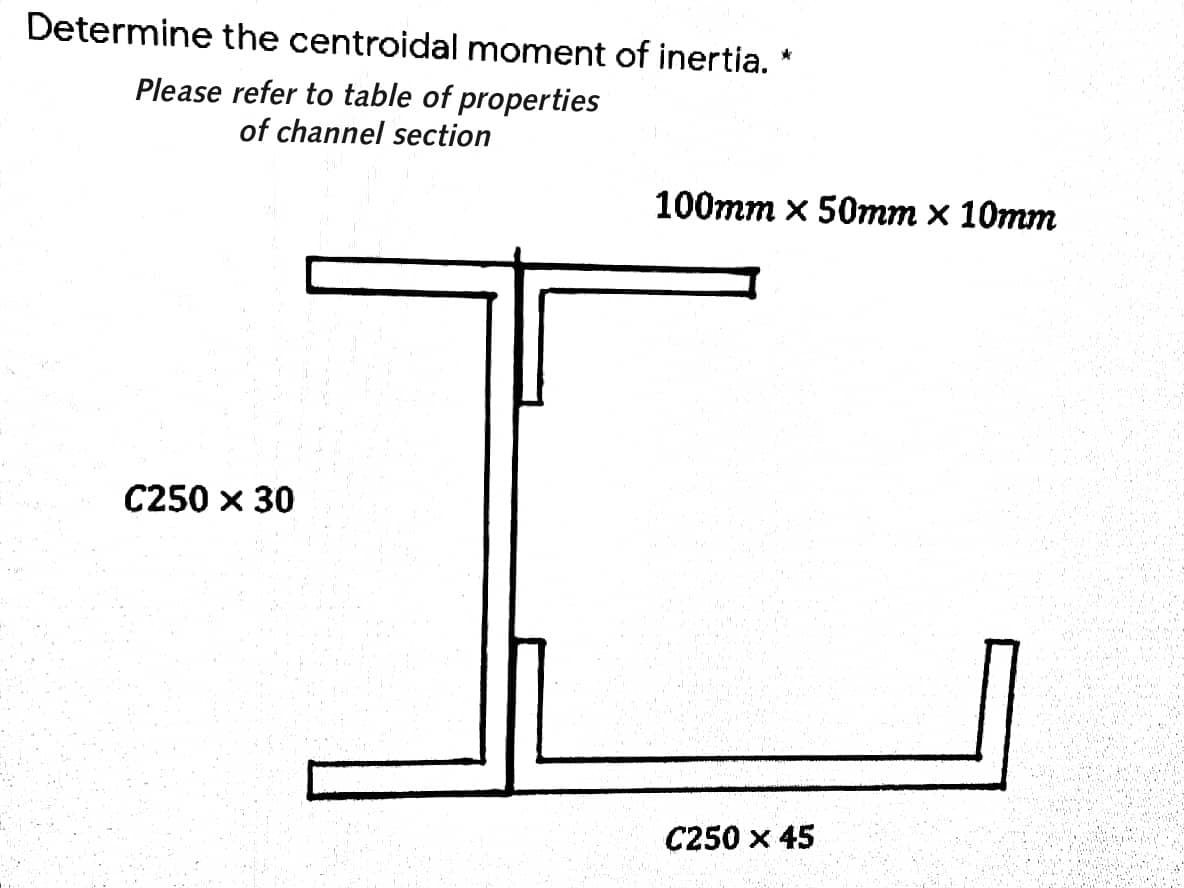 Determine the centroidal moment of inertia. *
Please refer to table of properties
of channel section
100тm x 50тт х 10тт
C250 x 30
C250 x 45
