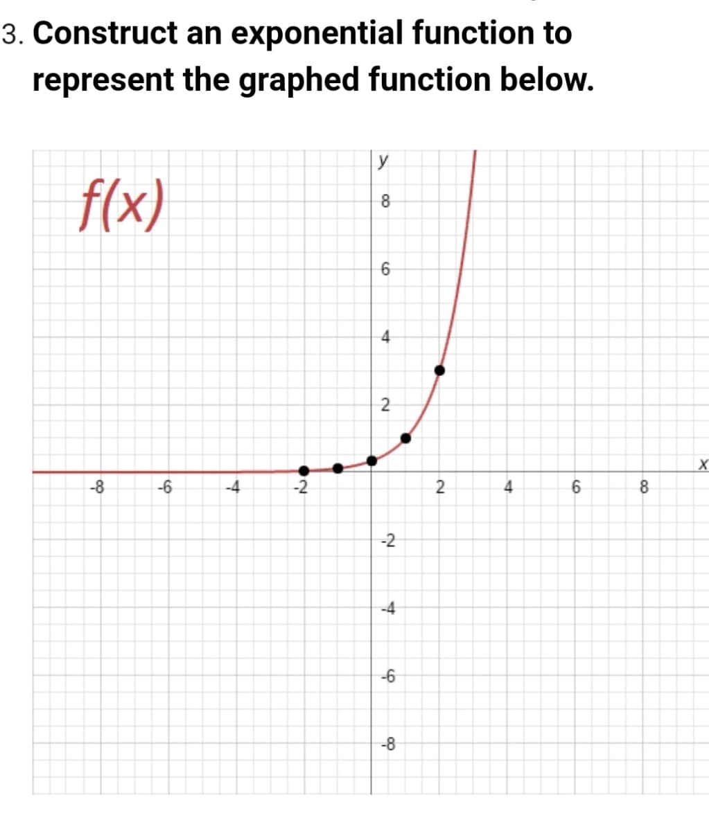 ### Construct an Exponential Function to Represent the Graphed Function Below

**Graph Explanation:**

The provided graph depicts an exponential function \( f(x) \).

**Axes:**
- The horizontal axis represents the \( x \)-axis, ranging from -8 to 8.
- The vertical axis represents the \( y \)-axis, ranging from -8 to 8.

**Graph Details:**
- The function \( f(x) \) is drawn in red.
- There are several black dots indicating specific points on the graph to denote key points, specifically at:
  - (-2, 1)
  - (-1, 1.5)
  - (0, 2)
  - (1, 2.7)
  - (2, 3.4)
  
The curve shows an exponential growth pattern, where the function value increases slowly for negative and small positive values of \( x \), and then it rapidly rises as \( x \) becomes larger.

**Objective:**
Construct an exponential function that fits the given data points on the graph.

**Approach:**
An exponential function can be generally represented as:
\[ f(x) = a \cdot b^x \]

Where:
- \( a \) is the initial value (y-intercept),
- \( b \) is the base rate of growth (or decay).

From the graph, one can observe the y-intercept value when x = 0:
\[ f(0) = 2 \implies a = 2 \]

The value of \( b \) can be estimated by examining the growth pattern between points. For a more detailed and precise fitting, regression techniques or further calculation using logarithms might be required, but for an educational context, identifying the base incrementally can set a foundational understanding.

**Conclusion:**
Using the points provided, a basic exponential model can be hypothesized. Further adjustments based on more precise techniques can lead to an accurate function representing the observed data.

Keep in mind, displaying and understanding how to construct such functions is a crucial step in mastering exponential relationships in mathematical education.