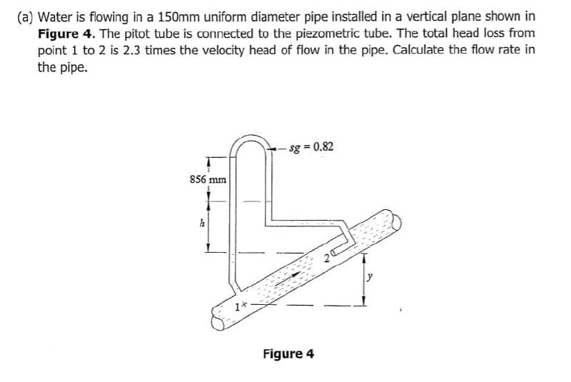 (a) Water is flowing in a 150mm uniform diameter pipe installed in a vertical plane shown in
Figure 4. The pitot tube is connected to the piezometric tube. The total head loss from
point 1 to 2 is 2.3 times the velocity head of flow in the pipe. Calculate the flow rate in
the pipe.
sg = 0.82
%3!
856 mm
Figure 4
