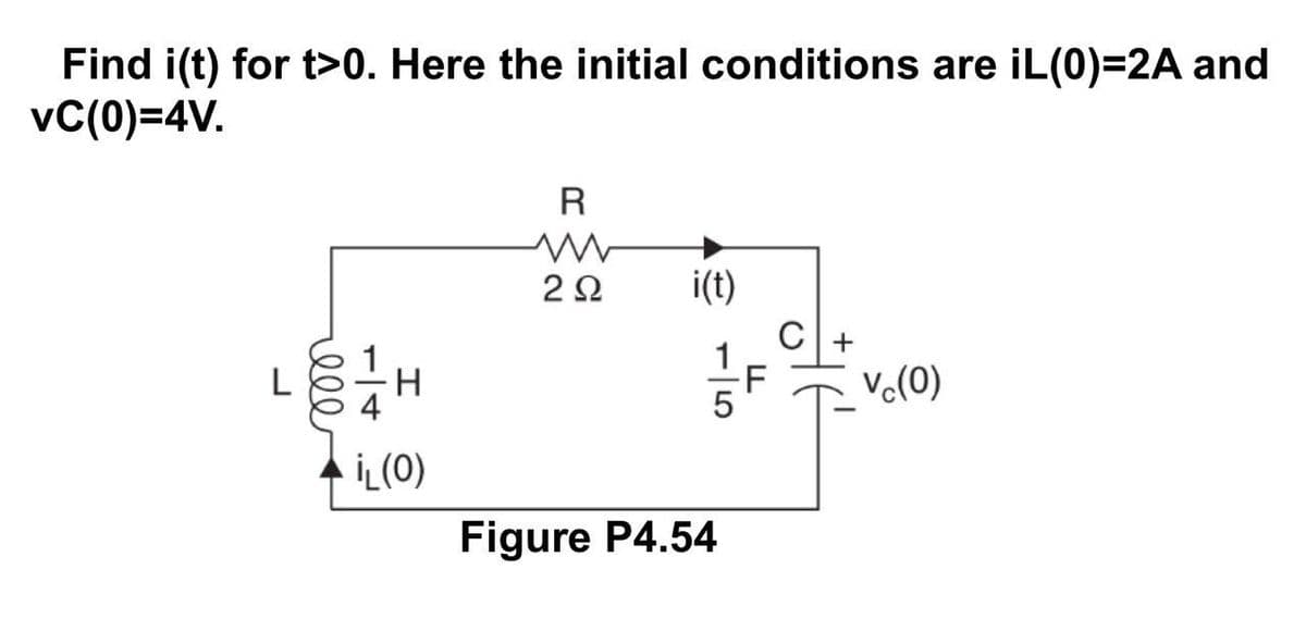 Find i(t) for t>0. Here the initial conditions are iL(0)=2A and
VC(0)=4V.
L
rell
-|+
H
İL (0)
R
ww
2Ω
i(t)
={/F
Figure P4.54
C +
vc(0)