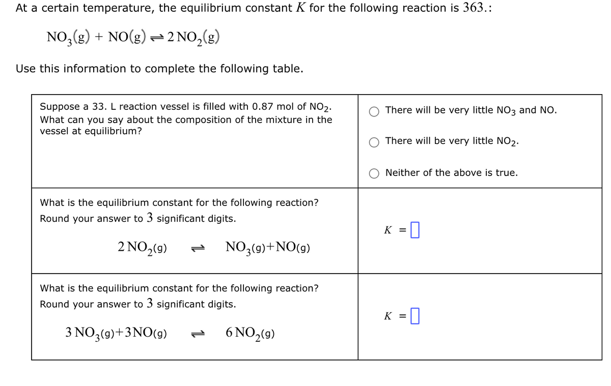 At a certain temperature, the equilibrium constant K for the following reaction is 363.:
NO3(g) + NO(g) ≥ 2 NO₂(g)
Use this information to complete the following table.
Suppose a 33. L reaction vessel is filled with 0.87 mol of NO₂.
What can you say about the composition of the mixture in the
vessel at equilibrium?
What is the equilibrium constant for the following reaction?
Round your answer to 3 significant digits.
2 NO₂(9) P NO 3(g) +NO(g)
What is the equilibrium constant for the following reaction?
Round your answer to 3 significant digits.
3 NO 3(9)+3NO(g)
6 NO₂(9)
There will be very little NO3 and NO.
There will be very little NO2.
Neither of the above is true.
K =
0
K = 0