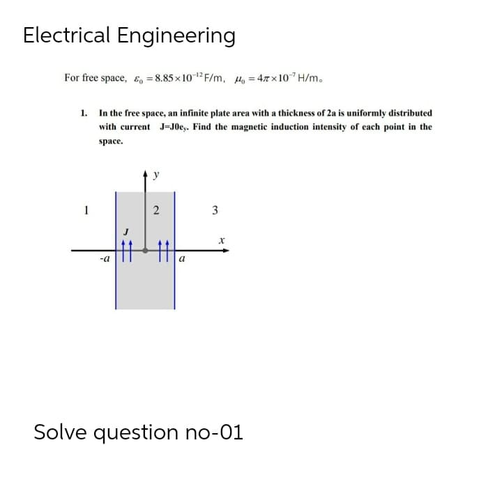 Electrical Engineering
For free space, & = 8.85x10-¹2 F/m, 4 = 4×10¹H/m.
1. In the free space, an infinite plate area with a thickness of 2a is uniformly distributed
with current J-Joey. Find the magnetic induction intensity of each point in the
space.
2
3
ta
-a
Solve question no-01
I
X