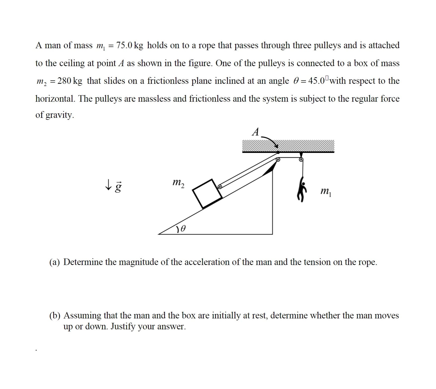 A man of mass m,
75.0 kg holds on to a rope that passes through three pulleys and is attached
to the ceiling at point A as shown in the figure. One of the pulleys is connected to a box of mass
m, = 280 kg that slides on a frictionless plane inclined at an angle 0 = 45.0"with respect to the
horizontal. The pulleys are massless and frictionless and the system is subject to the regular force
of gravity.
