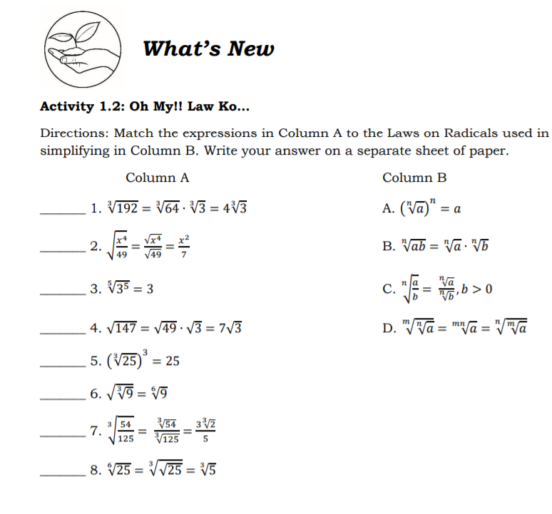 What's New
Activity 1.2: Oh My!! Law Ko...
Directions: Match the expressions in Column A to the Laws on Radicals used in
simplifying in Column B. Write your answer on a separate sheet of paper.
Column A
Column B
1. V192 = V64 · V3 = 4V3
A. (Vā)" =
%3D
-的-
2.
B. Vab = "Vā · VG
49
3. V35 = 3
С.
,b > 0
4. V147 = V49 V3 = 7/3
D. "VVa = ma = "/"Wa
%3D
5. (V25)*
= 25
6. VV9 = V9
3 54
7.
54_ 32
V125
125
8. V25 = VV25 = V5
%3D
