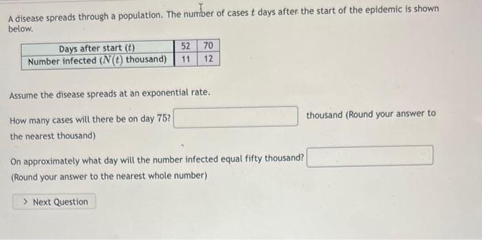 A disease spreads through a population. The number of cases t days after the start of the epidemic is shown
below.
Days after start (t)
Number infected (N(t) thousand)
52 70
11 12
Assume the disease spreads at an exponential rate..
How many cases will there be on day 75?
the nearest thousand)
On approximately what day will the number infected equal fifty thousand?
(Round your answer to the nearest whole number)
> Next Question
thousand (Round your answer to