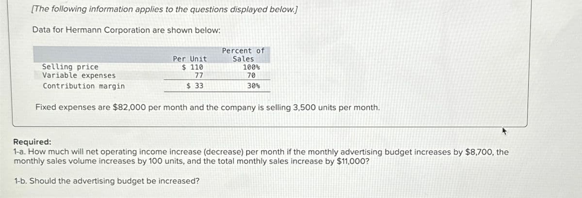 [The following information applies to the questions displayed below.]
Data for Hermann Corporation are shown below:
Selling price
Variable expenses
Contribution margin
Per Unit
$ 110
77
$ 33
Percent of
Sales
100%
70
30%
Fixed expenses are $82,000 per month and the company is selling 3,500 units per month.
Required:
1-a. How much will net operating income increase (decrease) per month if the monthly advertising budget increases by $8,700, the
monthly sales volume increases by 100 units, and the total monthly sales increase by $11,000?
1-b. Should the advertising budget be increased?