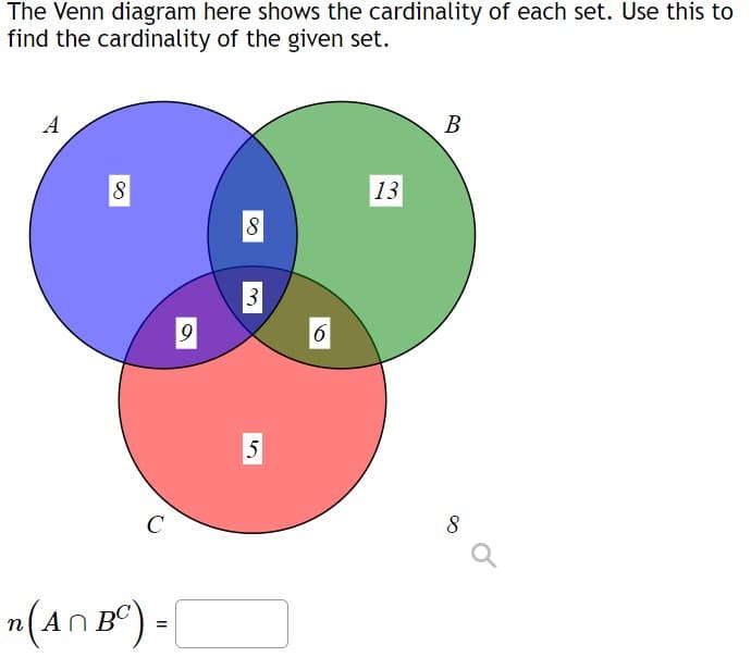 The Venn diagram here shows the cardinality of each set. Use this to
find the cardinality of the given set.
8
C
9
n (An Bc) = [
8
3
5
6
13
B
8