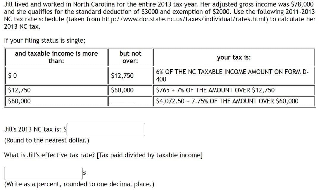 Jill lived and worked in North Carolina for the entire 2013 tax year. Her adjusted gross income was $78,000
and she qualifies for the standard deduction of $3000 and exemption of $2000. Use the following 2011-2013
NC tax rate schedule (taken from http://www.dor.state.nc.us/taxes/individual/rates.html) to calculate her
2013 NC tax.
If your filing status is single;
and taxable income is more
than:
$0
$12,750
$60,000
but not
over:
1%
$12,750
$60,000
Jill's 2013 NC tax is: $
(Round to the nearest dollar.)
What is Jill's effective tax rate? [Tax paid divided by taxable income]
(Write as a percent, rounded to one decimal place.)
your tax is:
6% OF THE NC TAXABLE INCOME AMOUNT ON FORM D-
400
$765 + 7% OF THE AMOUNT OVER $12,750
$4,072.50 +7.75% OF THE AMOUNT OVER $60,000