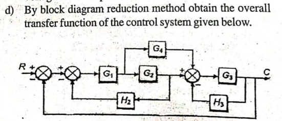 d) By block diagram reduction method obtain the overall
transfer function of the control system given below.
G;
H2
ஏன்
G2
G4
G₁
H,