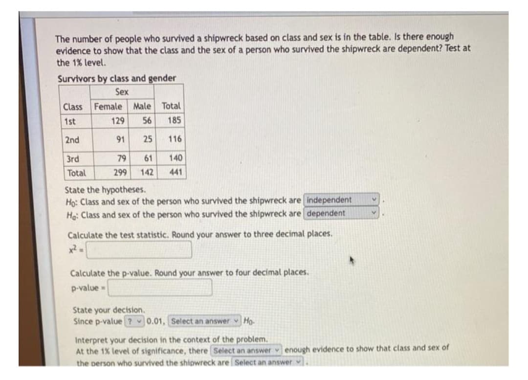 The number of people who survived a shipwreck based on class and sex is in the table. Is there enough
evidence to show that the class and the sex of a person who survived the shipwreck are dependent? Test at
the 1% level.
Survivors by class and gender
Sex
Class Female Male Total
1st
129 56 185
91
25
116
2nd
3rd
Total
79
61
299 142
140
441
State the hypotheses.
Ho: Class and sex of the person who survived the shipwreck are independent
Ha: Class and sex of the person who survived the shipwreck are dependent
Calculate the test statistic. Round your answer to three decimal places.
Calculate the p-value. Round your answer to four decimal places.
p-value=
State your decision.
Since p-value? 0.01, Select an answer Ho
Interpret your decision in the context of the problem.
At the 1% level of significance, there Select an answer enough evidence to show that class and sex of
the person who survived the shipwreck are Select an answer