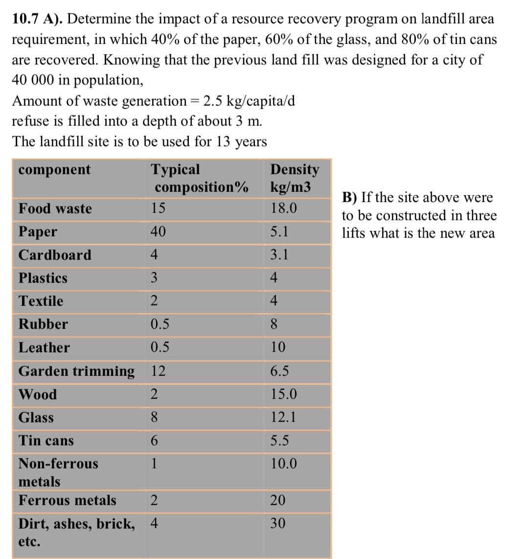 10.7 A). Determine the impact of a resource recovery program on landfill area
requirement, in which 40% of the paper, 60% of the glass, and 80% of tin cans
are recovered. Knowing that the previous land fill was designed for a city of
40 000 in population,
Amount of waste generation = 2.5 kg/capita/d
refuse is filled into a depth of about 3 m.
The landfill site is to be used for 13 years
component
Typical
composition%
15
40
4
Food waste
Paper
Cardboard
Plastics
3
Textile
2
Rubber
0.5
Leather
0.5
Garden trimming 12
Wood
2
Glass
8
Tin cans
Non-ferrous
metals
Ferrous metals
2
Dirt, ashes, brick, 4
etc.
Density
kg/m3
18.0
5.1
3.1
4
10
6.5
15.0
12.1
5.5
10.0
20
30
B) If the site above were
to be constructed in three
lifts what is the new area