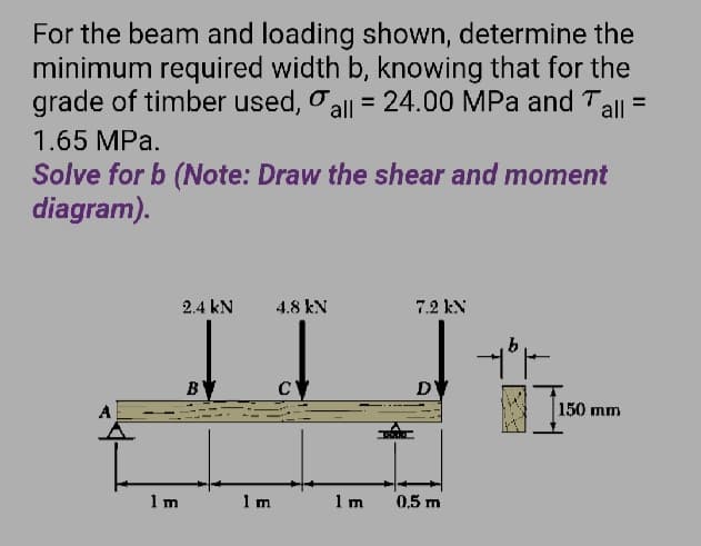 For the beam and loading shown, determine the
minimum required width b, knowing that for the
grade of timber used, Oall = 24.00 MPa and Tall =
%3D
1.65 MPa.
Solve for b (Note: Draw the shear and moment
diagram).
2.4 kN
4.8 kN
7.2 kN
BY
C
A
150 mm
1 m
1 m
1 m
0.5 m
