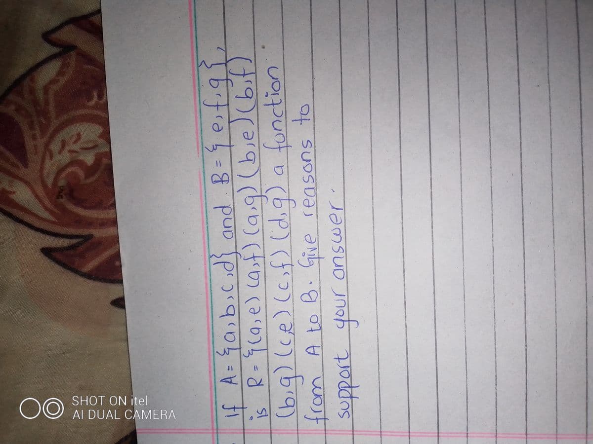 00
SHOT ON itel
AI DUAL CAMERA
If A=Ga;b.c;d} and B=9esf,q1,
is R-9(0; e) casf) Caq)ie)bi)
%3D
6.
6P)(5つ)()
from A to B. Give reasons to
ur answer
SUDSDƏJ ə
