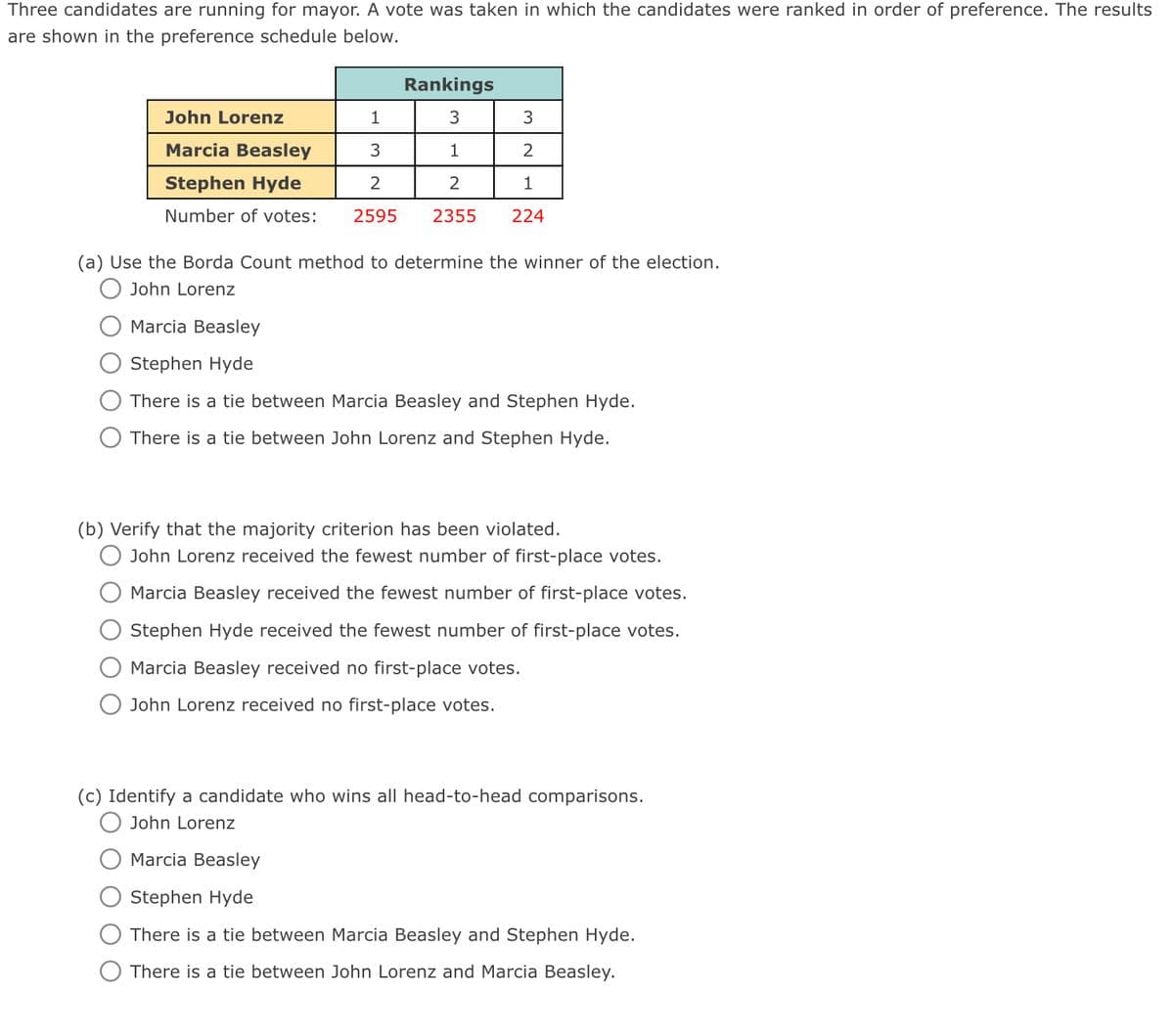 Three candidates are running for mayor. A vote was taken in which the candidates were ranked in order of preference. The results
are shown in the preference schedule below.
Rankings
John Lorenz
1
3
Marcia Beasley
3
1
Stephen Hyde
2
2
Number of votes: 2595 2355
3
2
1
224
(a) Use the Borda Count method to determine the winner of the election.
John Lorenz
Marcia Beasley
Stephen Hyde
There is a tie between Marcia Beasley and Stephen Hyde.
There is a tie between John Lorenz and Stephen Hyde.
(b) Verify that the majority criterion has been violated.
O John Lorenz received the fewest number of first-place votes.
Marcia Beasley received the fewest number of first-place votes.
Stephen Hyde received the fewest number of first-place votes.
Marcia Beasley received no first-place votes.
O John Lorenz received no first-place votes.
(c) Identify a candidate who wins all head-to-head comparisons.
O John Lorenz
Marcia Beasley
Stephen Hyde
There is a tie between Marcia Beasley and Stephen Hyde.
There is a tie between John Lorenz and Marcia Beasley.