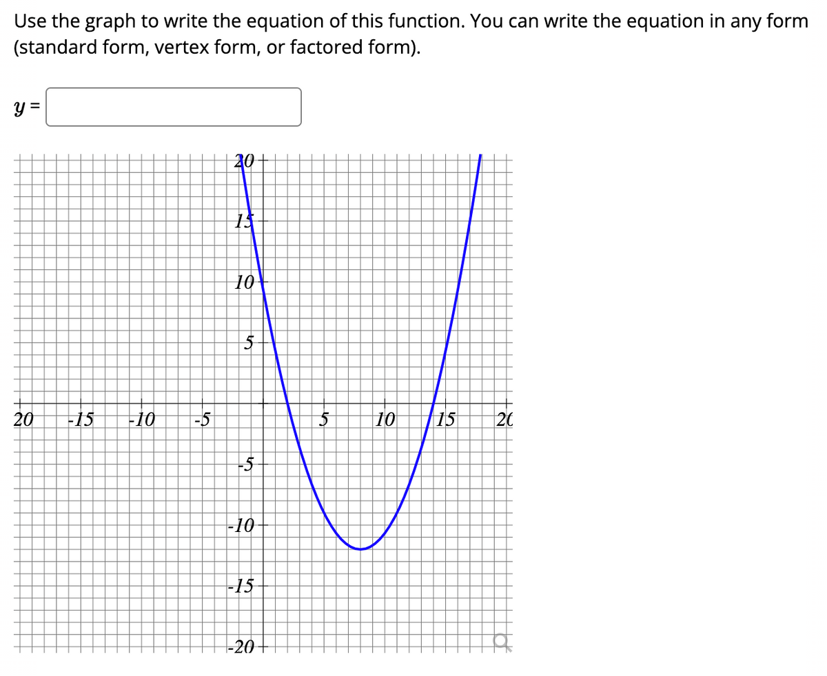 Use the graph to write the equation of this function. You can write the equation in any form
(standard form, vertex form, or factored form).
y =
20+
10
20
-15
-10
-5
10
15
20
-10
-15
-20
