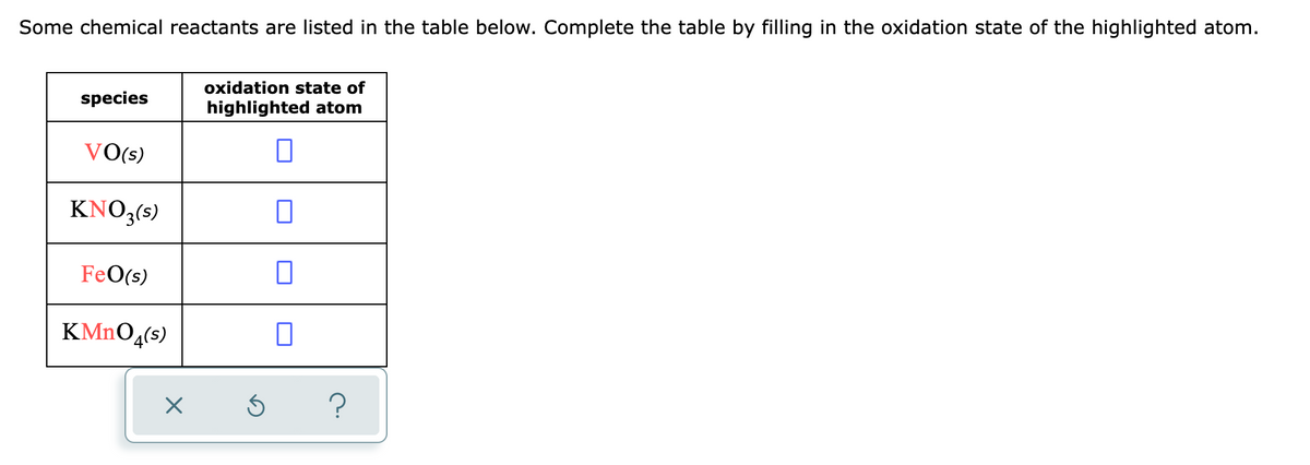 Some chemical reactants are listed in the table below. Complete the table by filling in the oxidation state of the highlighted atom.
oxidation state of
species
highlighted atom
VOs)
KNO3(5)
FeO(s)
KMNO4(s)
