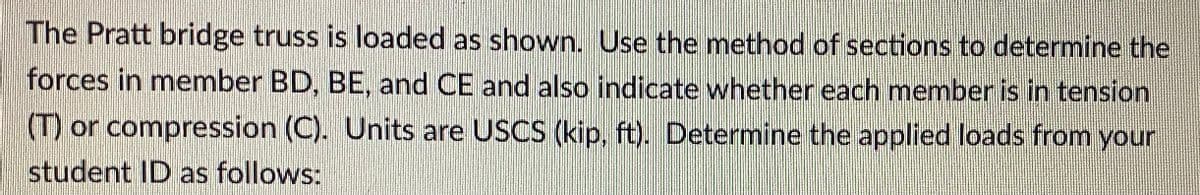 The Pratt bridge truss is loaded as shown. Use the method of sections to determine the
forces in member BD, BE, and CE and also indicate whether each member is in tension
(T) or compression (C). Units are USCS (kip, ft). Determine the applied loads from your
student ID as follows:
