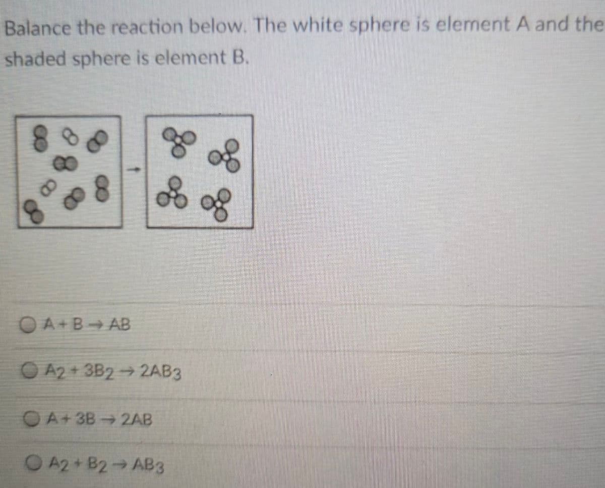 Balance the reaction below. The white sphere is element A and the
shaded sphere is element B.
OA+B AB
O A2 + 3B2→2AB3
OA+3B 2AB
O A2+ B2 AB3
8.
