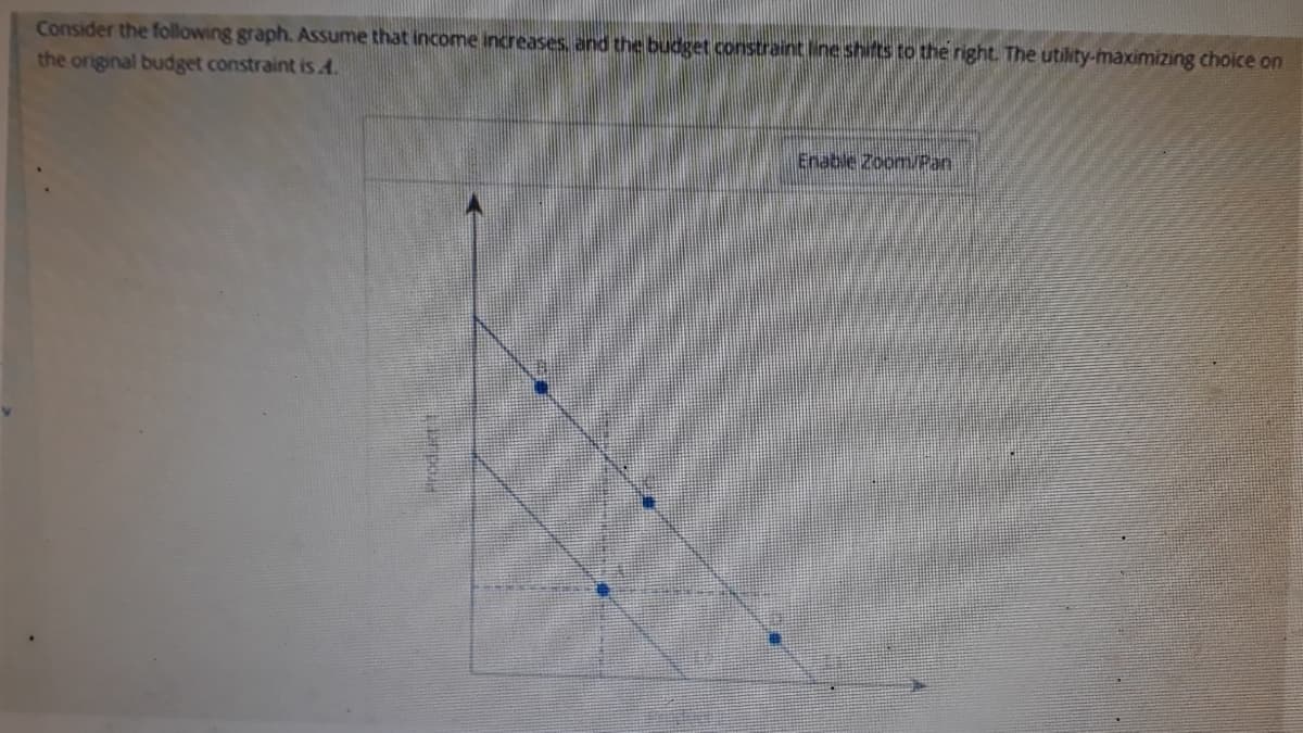 Consider the following graph. Assume that income increases, and the budget constraint line shifts to the right. The utility-maximizing choice on
the original budget constraint is A.
Enable ZoomPan
