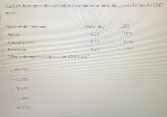 You have been given this probability distribution for the holding-period return for KMP
stock:
Stock of the Economy
Probability
HPR
Boom
0.30
18%
Normal growth
0.50
12%
Recession
0.20
5%
What is the expected variance for KMP stock?
69.96%
66.04%
O 78.45%
O 77.04%
63.72%