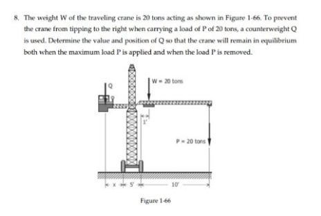 8. The weight W of the traveling crane is 20 tons acting as shown in Figure 1-66. To prevent
the crane from tipping to the right when carrying a load of Pof 20 tons, a counterweight Q
is used. Determine the value and position of Q so that the crane will remain in equilibrium
both when the maximum load Pis applied and when the load Pis removed.
w- 20 tons
P- 20 tons
10
Figure 1-66
