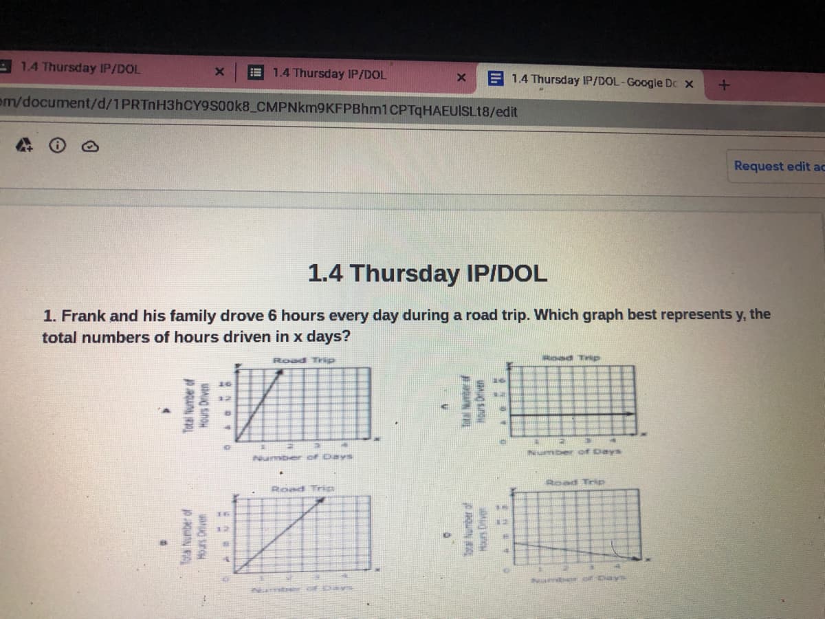 E 1.4 Thursday IP/DOL
1.4 Thursday IP/DOL
E 1.4 Thursday IP/DOL-Google Dc x
om/document/d/1PRTnH3hCY9S00k8_CMPNkm9KFPBhm1CPTqHAEUISLt8/edit
Request edit ac
1.4 Thursday IP/DOL
1. Frank and his family drove 6 hours every day during a road trip. Which graph best represents y, the
total numbers of hours driven in x days?
Road Trip
ROad Tip
Number of Days
Number of Days
Road Trip
Road Trig
16
Total Number of
Hours Driven
Tatal Number af
