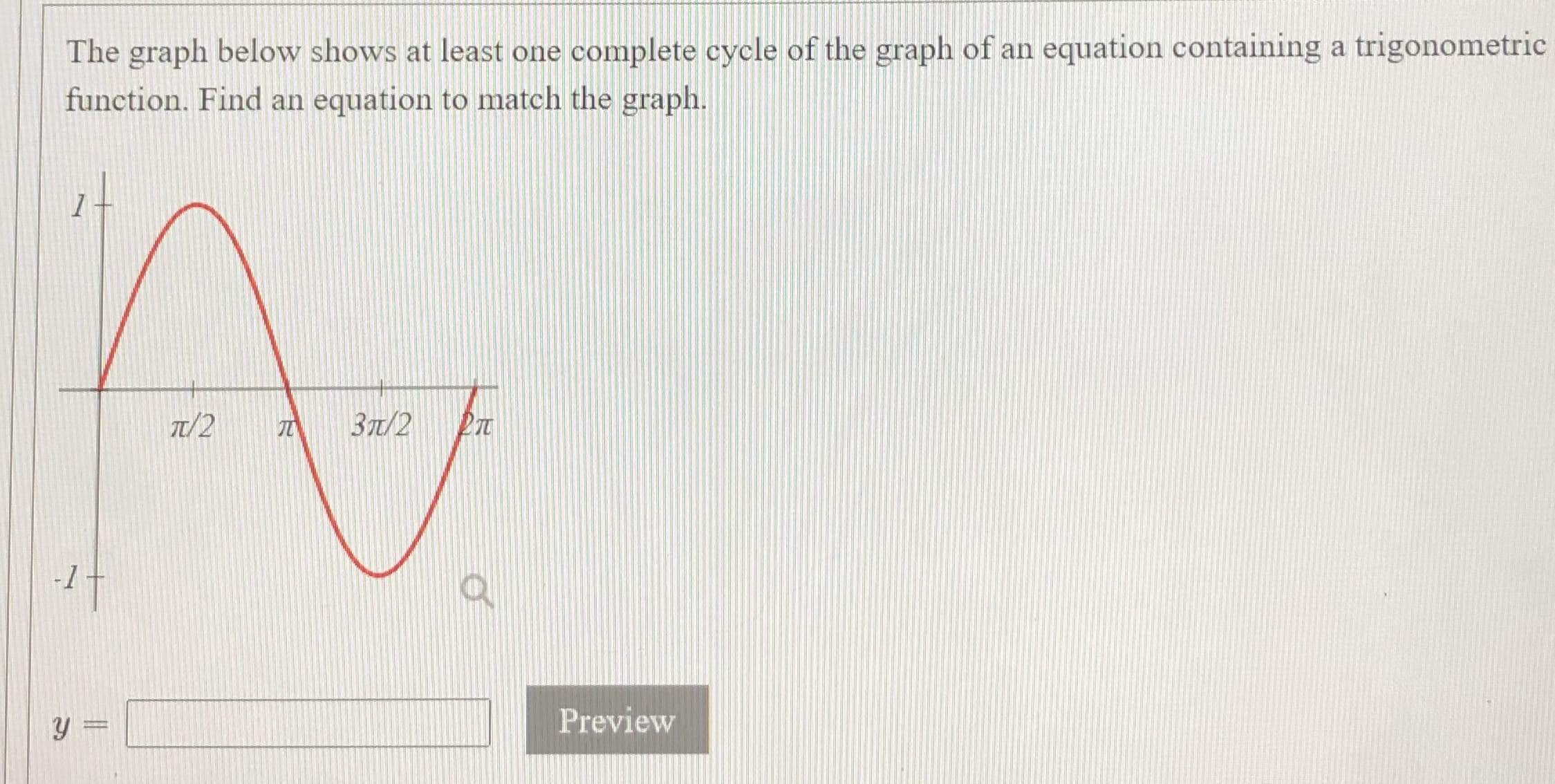 The graph below shows at least one complete cycle of the graph of an equation containing a trigonometric
function. Find an equation to match the graph.
T/2
3n/2
Preview
