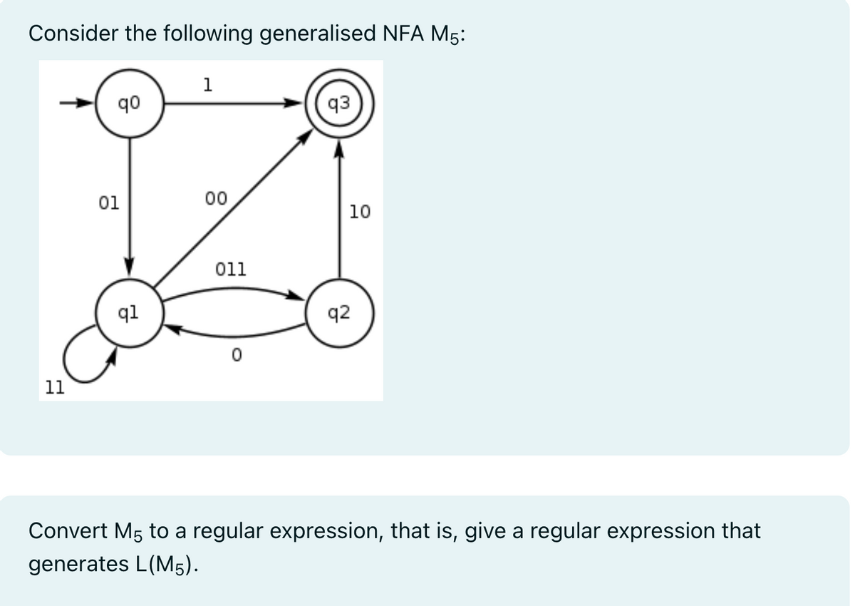 Consider the following generalised NFA M5:
11
qo
01
ql
1
00
011
0
q3
10
q2
Convert M5 to a regular expression, that is, give a regular expression that
generates L(M5).