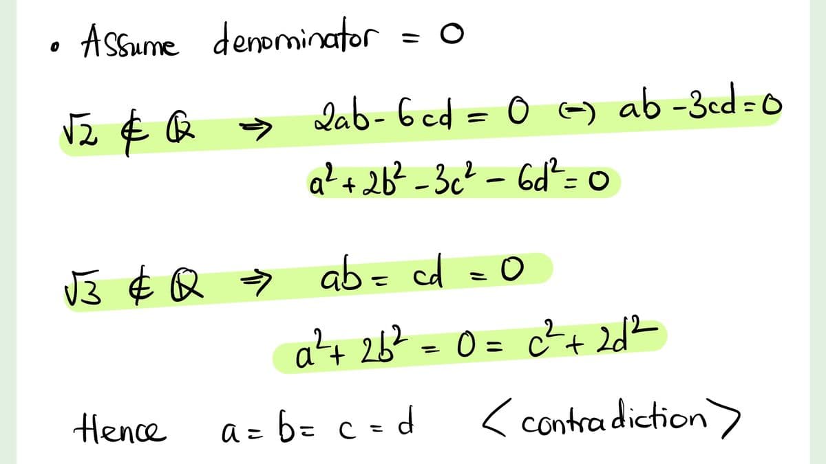 Assume
√₂ & Q
denominator
Hence
= 0
Qab-6cd = 0 ) ab-3cd=0
a² +2b²-3c² - 6d² = 0
√3 & Q = ab = cd = 0
¢ =>
a²+ 26² = 0 = c² + 2d²
a = b = c = d
<contradiction,