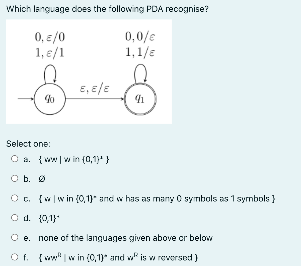 Which language does the following PDA recognise?
0, ε/0
1,ɛ/1
90
Select one:
e.
ɛ, ɛ/ɛ
a. {www in {0,1}* }
0,0/€
1,1/ɛ
91
O b. Ø
O c. {ww in {0,1}* and w has as many 0 symbols as 1 symbols }
O d.
{0,1}*
none of the languages given above or below
O f. {wwR I w in {0,1}* and wR is w reversed}