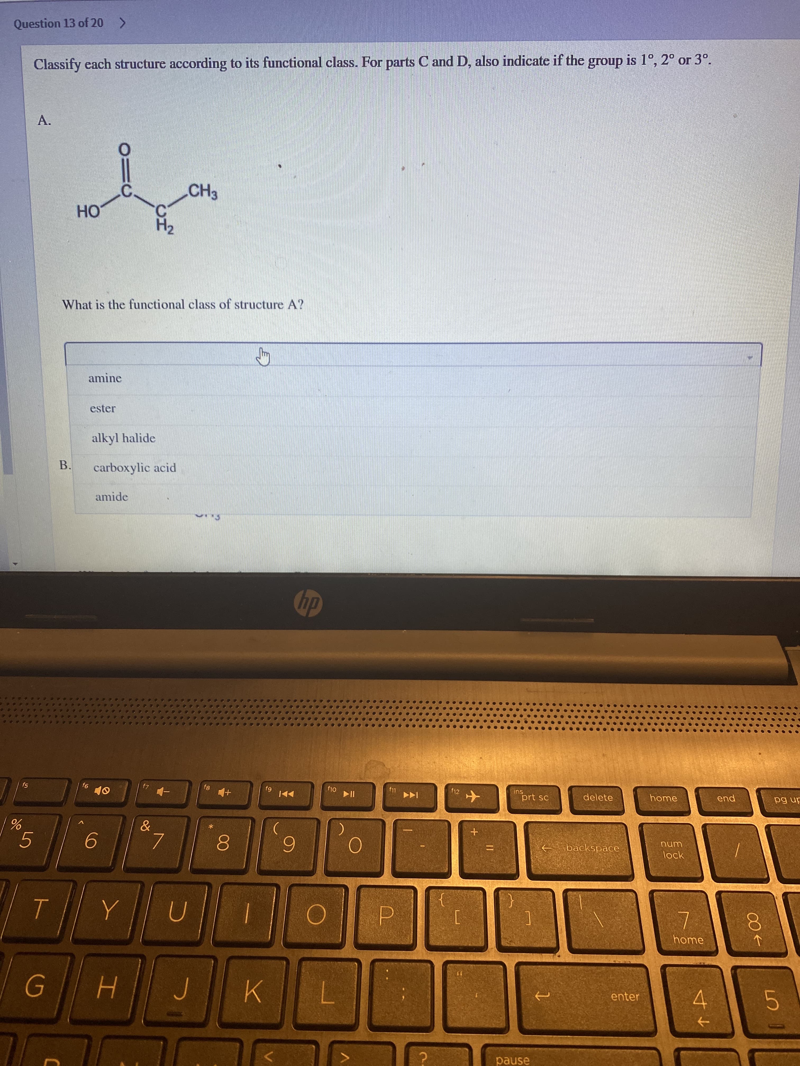 6,
Question 13 of 20 >
Classify each structure according to its functional class. For parts C and D, also indicate if the group is 1°, 2° or 3°.
A.
CH3
What is the functional class of structure A?
amine
ester
alkyl halide
B.
carboxylic acid
amide
dy
93
83
f1
f12
Oly
sur
prt sc
delete
home
pua
5.
7.
9.
8.
backspace
unu
lock
P.
7.
home
enter
K.
7.
4.
5.
->
pause
