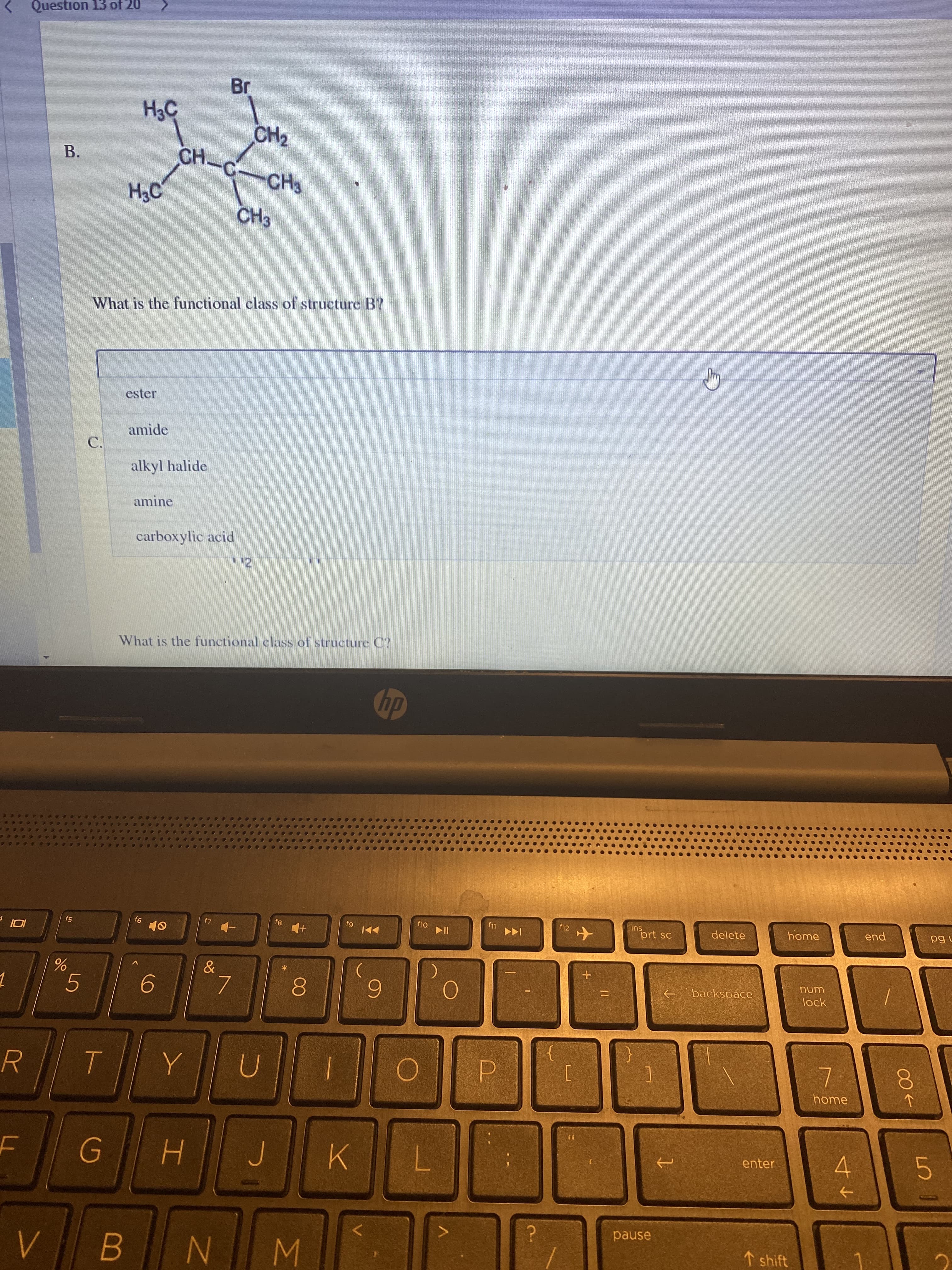 00
Question 13 of 20
H3C
CH2
CH.
CH3
B.
-
CH3
What is the functional class of structure B?
ester
amide
alkyl halide
amine
carboxylic acid
12
What is the functional class of structure C?
f7
f11
f12
93
prt sc
delete
home
end
Oly
sui
*
num
backspace
lock
5.
6.
home
00
enter
K.
4.
->
pause
↑ shift
