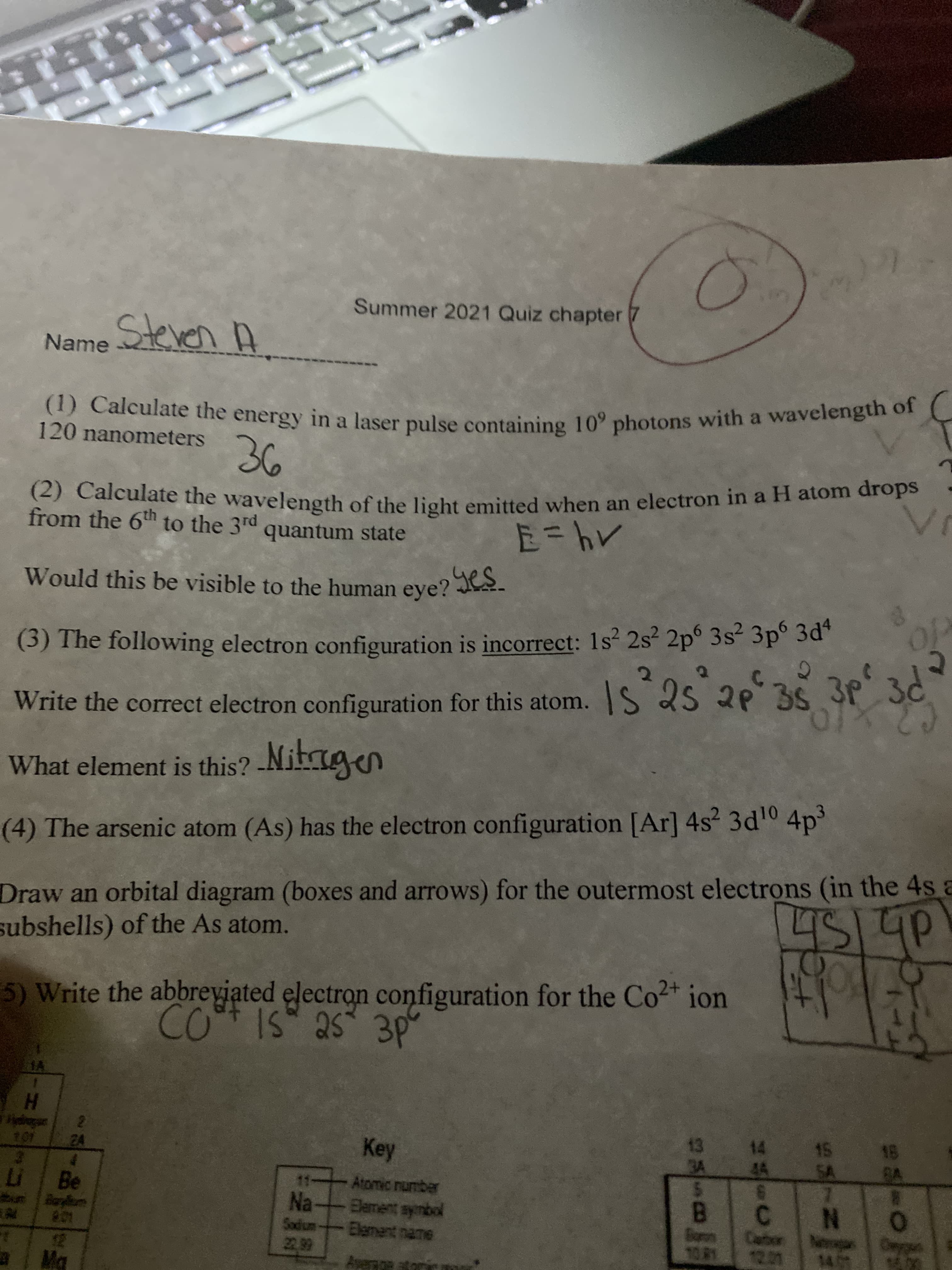 ### Summer 2021 Quiz: Chapter 7

**Name:** Steven A.  

---

1. **Calculate the energy in a laser pulse containing \(10^9\) photons with a wavelength of 120 nanometers:**

    Answer: 36

2. **Calculate the wavelength of the light emitted when an electron in a hydrogen atom drops from the 6th to the 3rd quantum state:**

    Formula: \( E = h\nu \)

    Would this be visible to the human eye?
    
    Answer: Yes.

3. **The following electron configuration is incorrect:**

    \(1s^2 \, 2s^2 \, 2p^6 \, 3s^5 \, 3p^5 \, 3d^2\)

    - Write the correct electron configuration for this atom:
    
      Answer: \(1s^2 \, 2s^2 \, 2p^6 \, 3s^2 \, 3p^6 \, 3d^5\)
    
    - What element is this?
      
      Answer: Nitrogen

4. **The arsenic atom (As) has the electron configuration [Ar] \(4s^2 \, 3d^{10} \, 4p^3 \)**

    - Draw an orbital diagram (boxes and arrows) for the outermost electrons (in the 4s and 4p subshells) of the As atom.
      
      Diagram Description: 
      - The orbital diagram consists of boxes representing orbitals. 
      - 4s orbital has one box with two arrows pointing in opposite directions.
      - 4p orbitals have three boxes; the arrows are placed as follows: the first box with one arrow, the second box with one arrow, and the third box with one arrow, indicating the filling of the 4p orbitals.

5. **Write the abbreviated electron configuration for the \( \text{Co}^{2+} \) ion:**

    Answer: \( \text{Co}^{2+}: 1s^2 \, 2s^2 \, 2p^6 \, 3s^2 \, 3p^6 \)

---
    
*Note:* The quiz paper contains a hand-drawn orbital diagram for question 4. The explanation above translates the diagram into text form