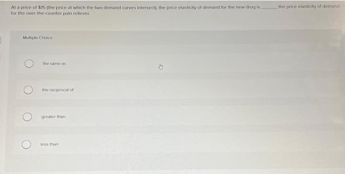 At a price of $15 (the price at which the two demand curves intersect), the price elasticity of demand for the new drug is
for the over the counter pain reliever.
Multiple Choice
the same as
the reciprocal of
greater than
less than
d
the price elasticity of demand