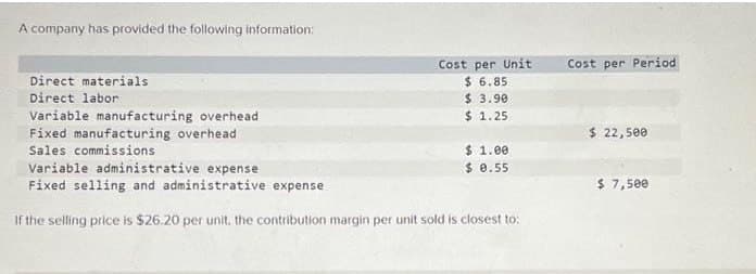 A company has provided the following information:
Direct materials
Direct labor
Variable manufacturing overhead
Fixed manufacturing overhead
Sales commissions
Cost per Unit
$6.85
$ 3.90
$ 1.25
$ 1.00
$ 0.55
Variable administrative expense
Fixed selling and administrative expense
If the selling price is $26.20 per unit, the contribution margin per unit sold is closest to:
Cost per Period
$ 22,500
$ 7,500