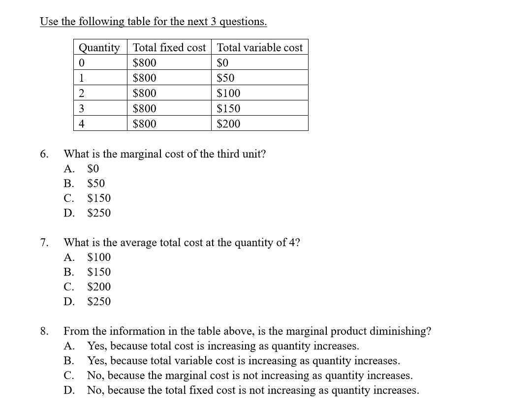 Use the following table for the next 3 questions.
Total fixed cost
Total variable cost
Quantity
$0
$800
$800
$50
1
$800
$100
$800
$150
3
$800
4
$200
What is the marginal cost of the third unit?
A. $0
6.
B. $50
C. $150
D.
$250
What is the average total cost at the quantity of 4?
A. $100
7.
B.
$150
$200
C.
D.
$250
From the information in the table above, is the marginal product diminishing?
A. Yes, because total cost is increasing as quantity increases.
Yes, because total variable cost is increasing as quantity increases.
C. No, because the marginal cost is not increasing as quantity increases.
D. No, because the total fixed cost is not increasing as quantity increases.
8.
B.
