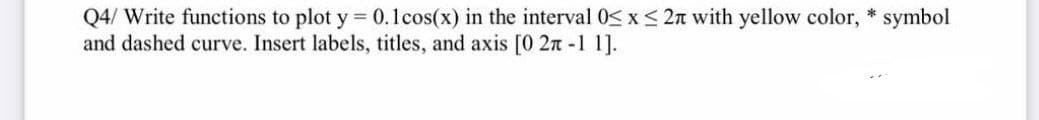 Q4/ Write functions to plot y = 0.1 cos(x) in the interval 0≤x≤ 2n with yellow color, * symbol
and dashed curve. Insert labels, titles, and axis [0 27 -1 1].