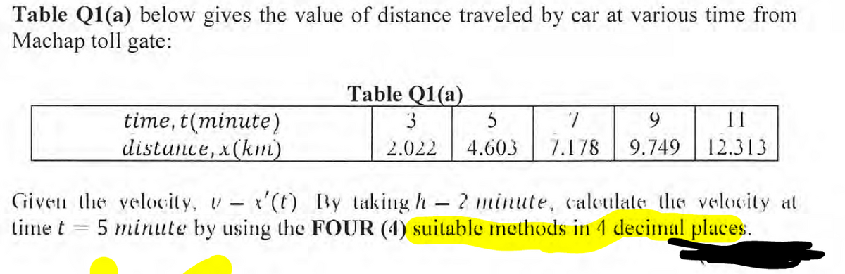 Table Q1(a) below gives the value of distance traveled by car at various time from
Machap toll gate:
time, t(minute)
distance, x (km)
Table Q1(a)
3
5
2.022 4.603
7
9
7.178 9.749
II
12.313
Given the velocity, - x'(t) By taking h 2 minute, calculate the velocity at
time t = 5 minute by using the FOUR (4) suitable methods in 4 decimal places.