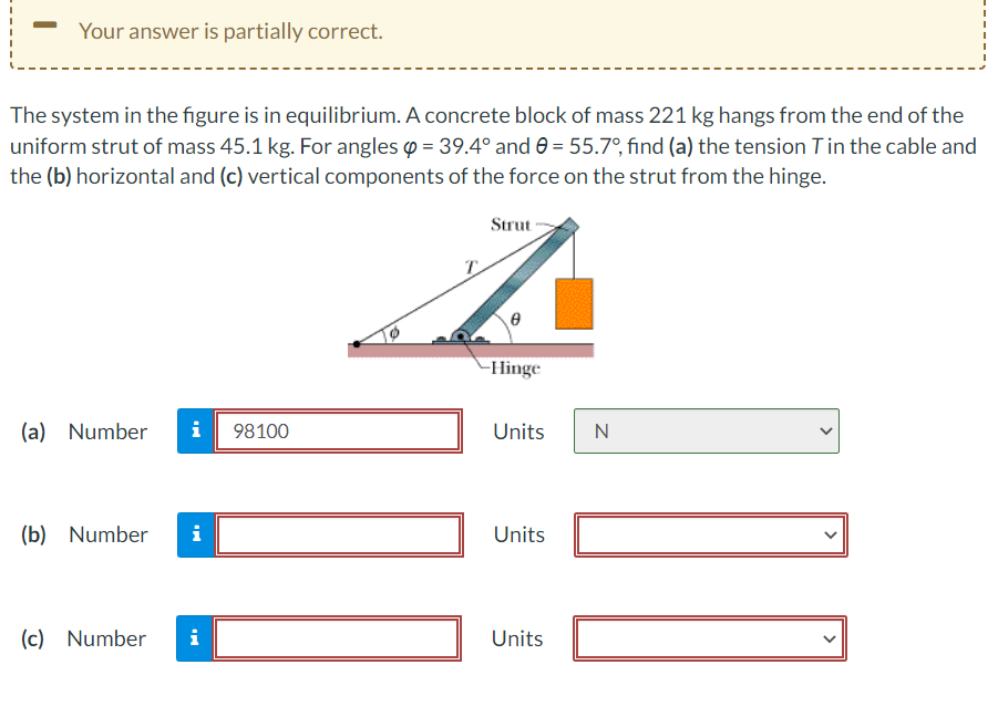 Your answer is partially correct.
The system in the figure is in equilibrium. A concrete block of mass 221 kg hangs from the end of the
uniform strut of mass 45.1 kg. For angles = 39.4° and 0 = 55.7°, find (a) the tension T in the cable and
the (b) horizontal and (c) vertical components of the force on the strut from the hinge.
(a) Number i 98100
(b) Number i
(c) Number
i
T
Strut
0
-Hinge
Units
Units
Units
N
<