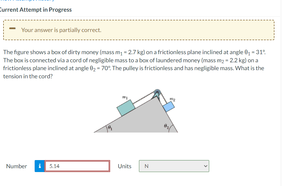 Current Attempt in Progress
Your answer is partially correct.
The figure shows a box of dirty money (mass m₁ = 2.7 kg) on a frictionless plane inclined at angle 0₁ = 31°
The box is connected via a cord of negligible mass to a box of laundered money (mass m2 = 2.2 kg) on a
frictionless plane inclined at angle 02 = 70°. The pulley is frictionless and has negligible mass. What is the
tension in the cord?
Number i 5.14
10₁
2221
Units
N
m₂