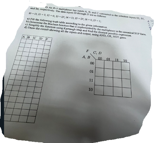 and 50, respectively. The data inputs 10 through 17 are as follows:
1) An 8-1 multiplexer has inputs A, B, and C connected to the selection inputs 52, 51,
10-D, 11-1; 12-0, 13-D; 14-D, IS-D; 16-0, 17-1;
a) Fill the following truth table according to the given information
b) Determine the Boolean function that is implemented by the multiplexer in the canonical SOP form.
e) Simplify the function using Karnaugh Map and find the shortest possible expression.
d) Draw the circuit showing all the inputs and output, using AND, OR, NOT gates.
A B
CD F
F
A, B
C, D
00
01
11
10
0.0 01 11 10
Cave